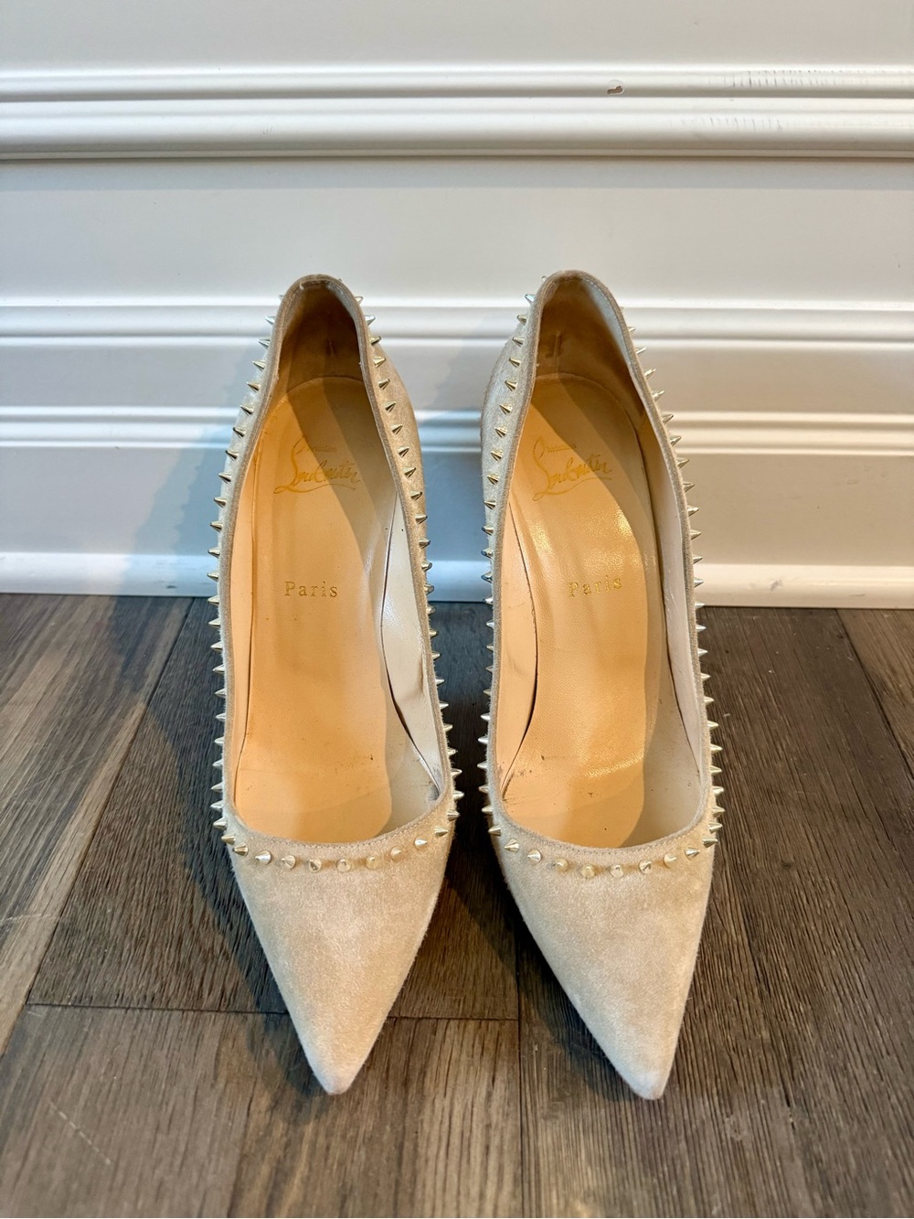 Christian Louboutin Beige Suede Pointed Spike-Trim Pumps